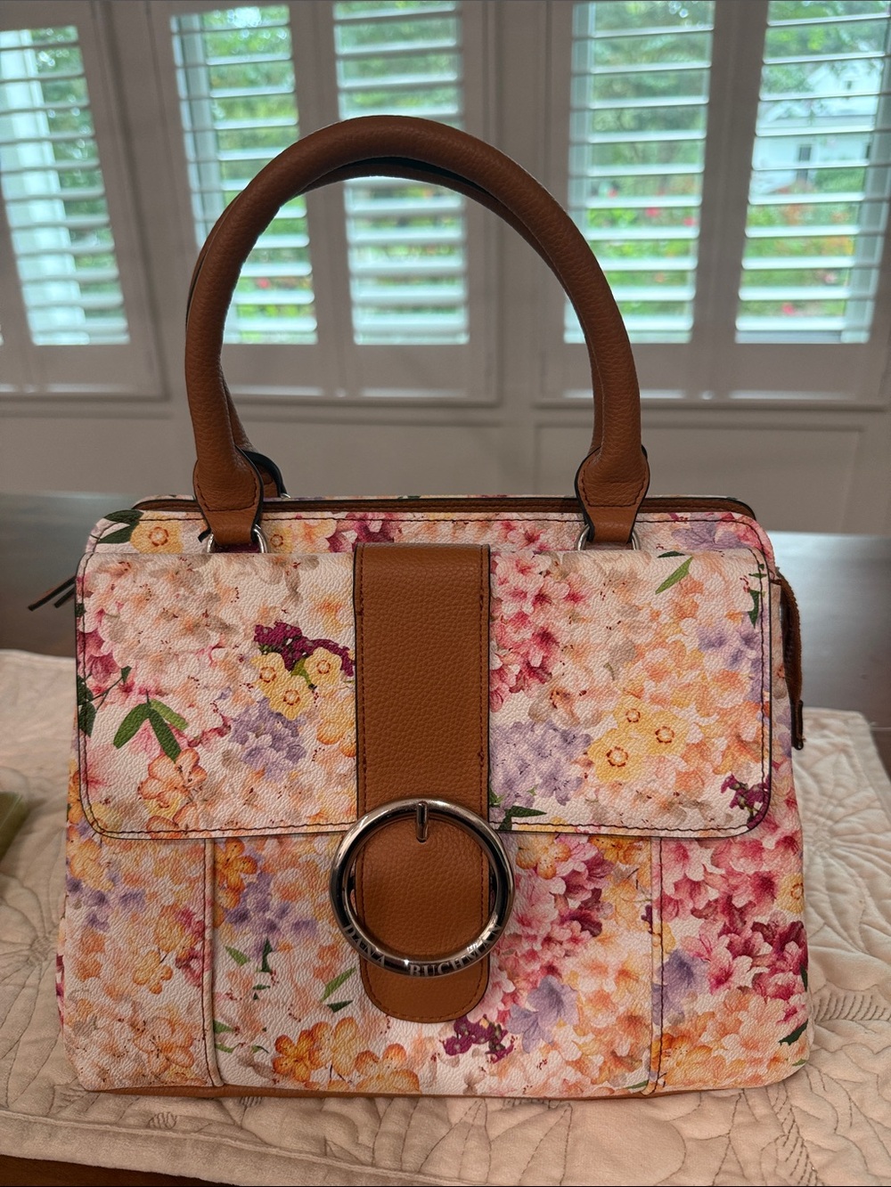 Dana Buchman Floral Multicolor Satchel with Brown Trim